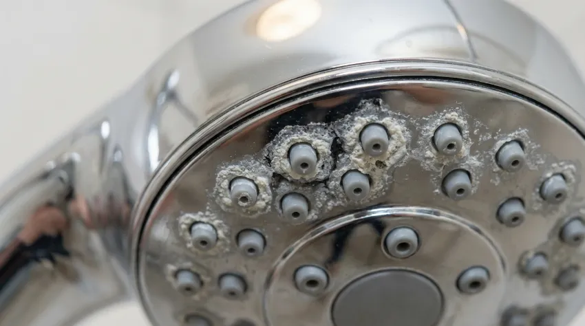 Povečan prikaz vodnega kamna na šobah tuš ročke