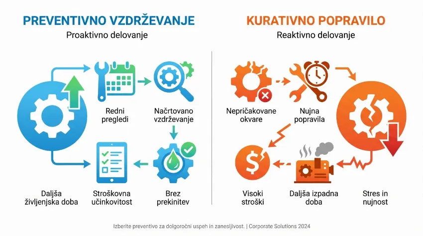 Infografika, ki prikazuje razlike med preventivnim vzdrževanjem in kurativnimi popravili opreme.