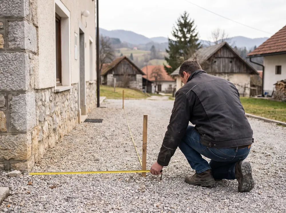 Merjenje tlorisa nadstrešnice pred postavitvijo na dvorišču